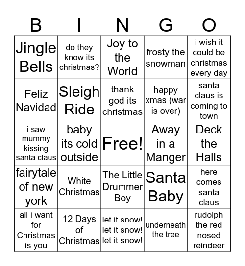 Christmas Songs Bingo Card