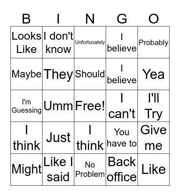 Words not to say BINGO Card