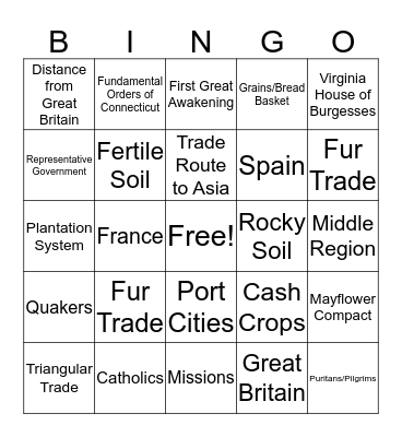 Exploration and Colonization Bingo Card