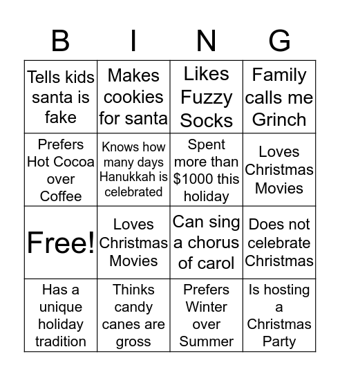 NOMS Holiday Table Talk Bingo- Find someone who... Bingo Card