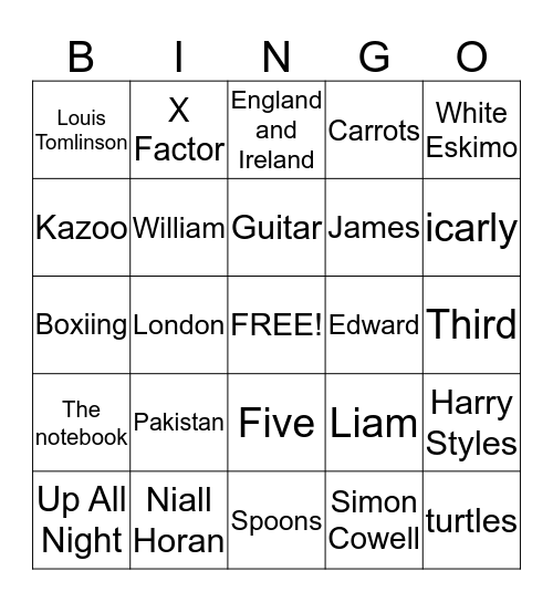 One Direction Bingo  Bingo Card