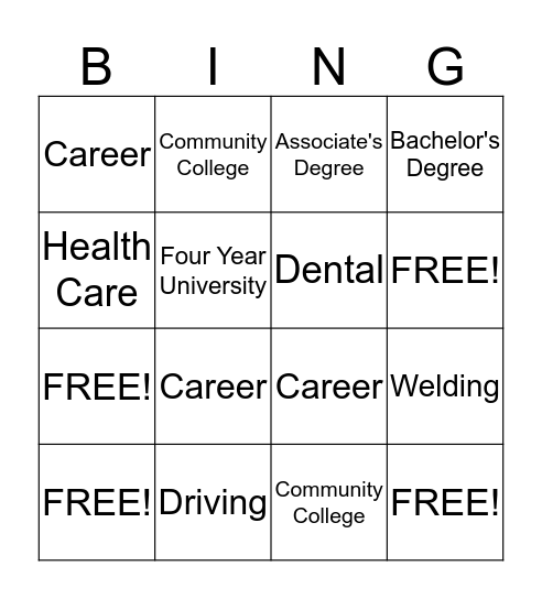 College and Careers Bingo Card