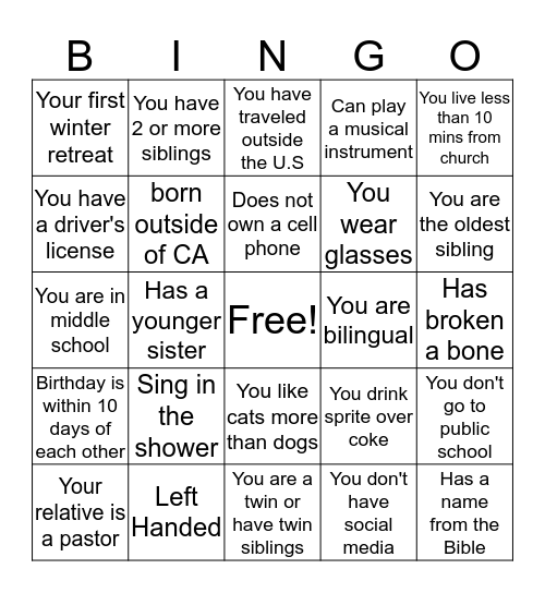 2019 Winter Camp Bingo Card