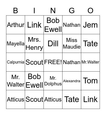To Kill A Mockingbird Bingo Card
