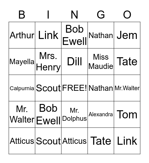 To Kill A Mockingbird Bingo Card