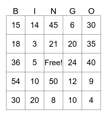 Multiplication Facts 2, 3, 4, 5, 6 Bingo Card