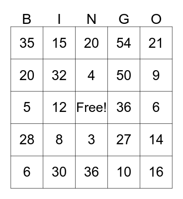 Multiplication Facts 2, 3, 4, 5, 6 Bingo Card