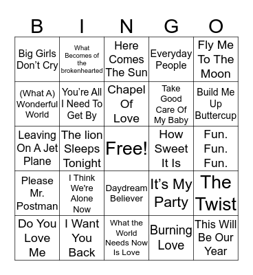 All Out 60's Bingo Card