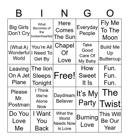 All Out 60's Bingo Card