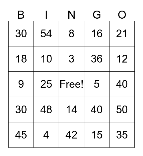 Multiplication Facts 2, 3, 4, 5, 6 Bingo Card