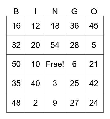 Multiplication Facts 2, 3, 4, 5, 6 Bingo Card