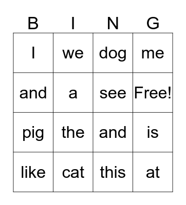 Sight Word Bingo Card