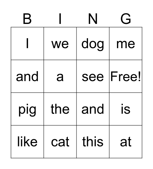 Sight Word Bingo Card