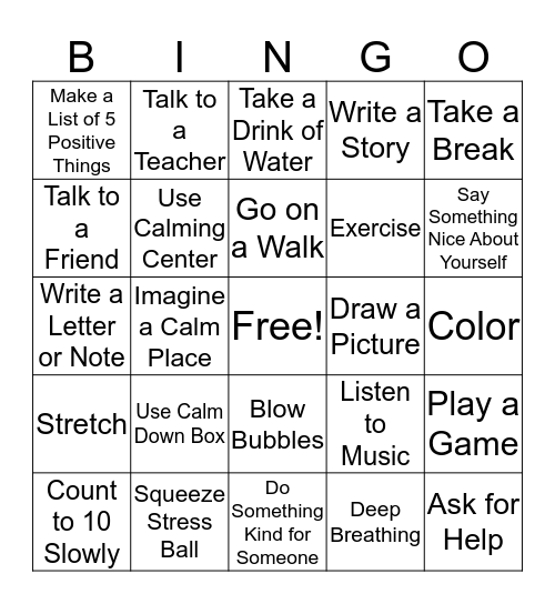 Coping Skills Bingo Card