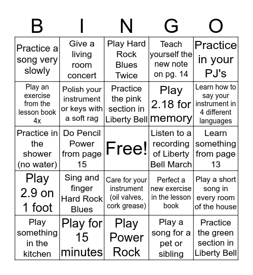 5th Grade Winter Break Band Bingo Card