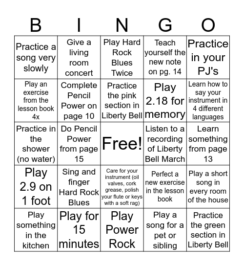 5th Grade Winter Break Band Bingo Card