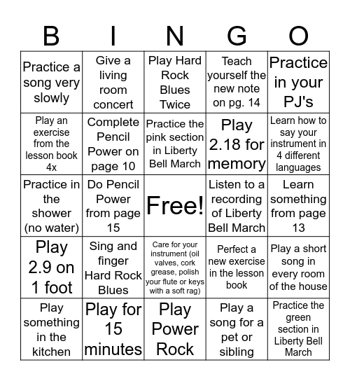 5th Grade Winter Break Band Bingo Card