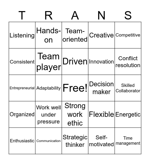 Job Skills Bingo Card