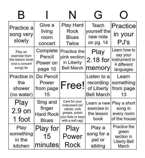 5th Grade Winter Break Band Bingo Card