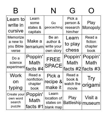 Summer Learning Bingo Card