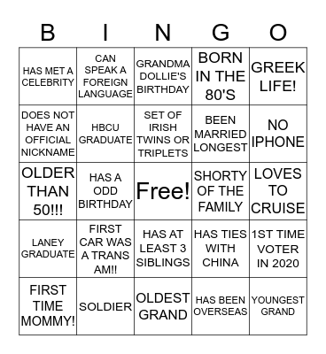 TRAMMELL FAMILY BINGO Card