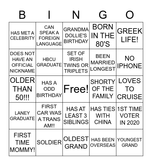 TRAMMELL FAMILY BINGO Card