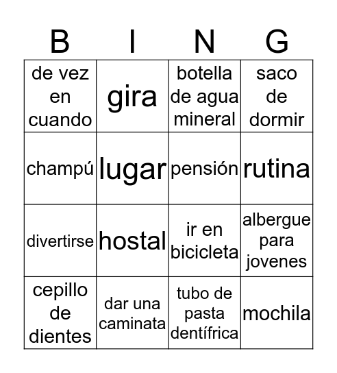 Spanish 2 Chapter 12 Group 2 Vocabulary Bingo Card