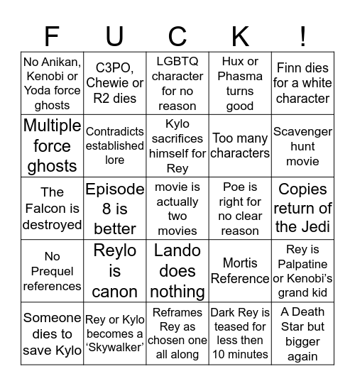 Star Wars Episode 9 Bingo Card