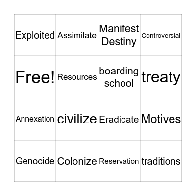 U1 Vocabulary Bingo Card