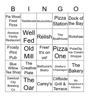 Gravenhurst Restaurant Bingo Card