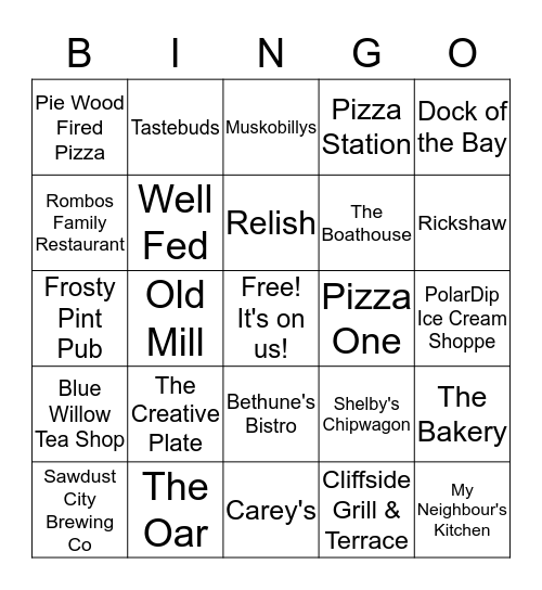 Gravenhurst Restaurant Bingo Card