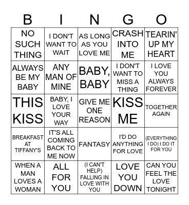 90'S LOVE SONGS Bingo Card