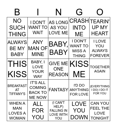 90'S LOVE SONGS Bingo Card