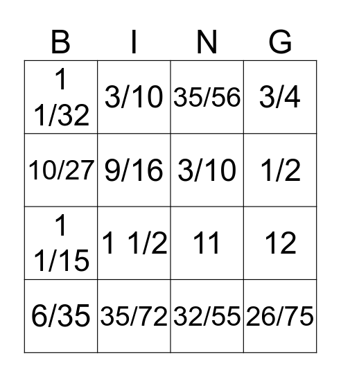 Fraction Multiplication Bingo Card