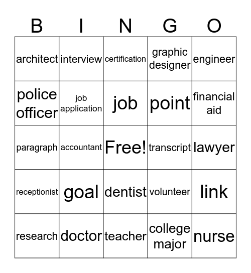 Career and College Bingo Card