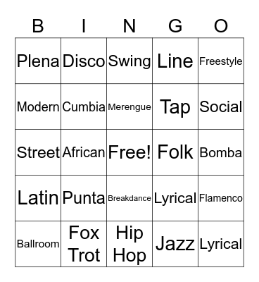 DANCE STYLES Bingo Card