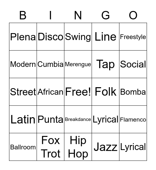 DANCE STYLES Bingo Card