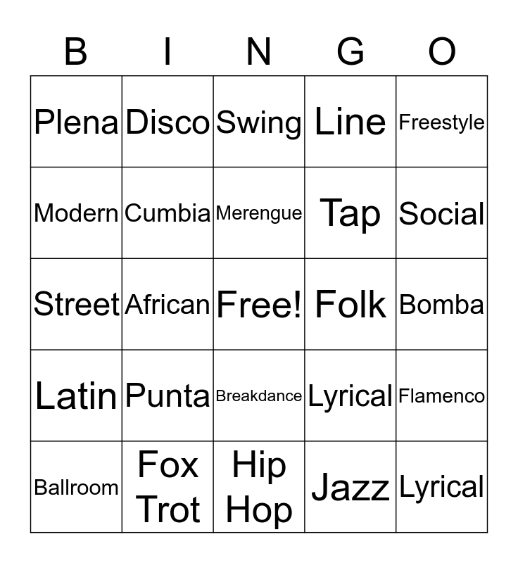 DANCE STYLES Bingo Card