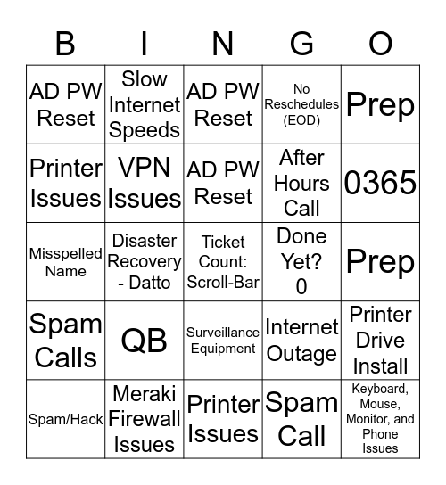 Holiday Help Desk Bingo Card