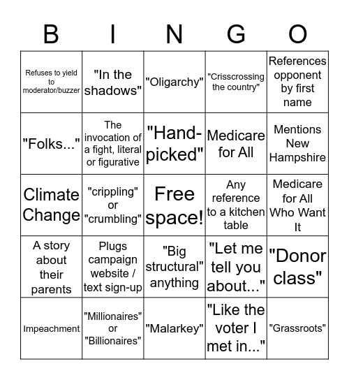 NHPR Debate Bingo Card