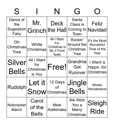 Holiday Songs Bingo Card