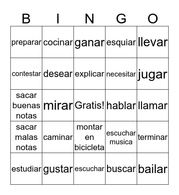 Spanish  -AR  Verbs Bingo Card