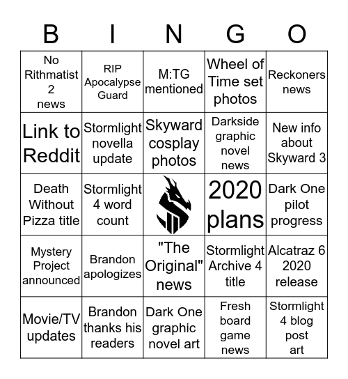 State of the Sanderson 2019 Bingo Card