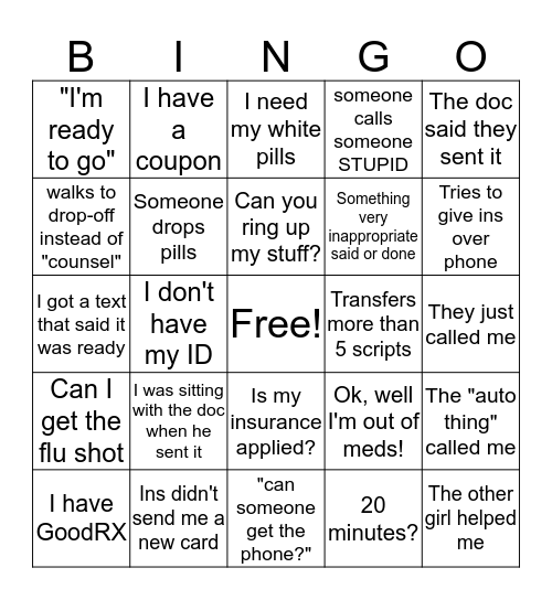 Pharmacy Bingo Card