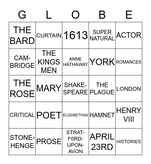 Shakespeare Bingo Card