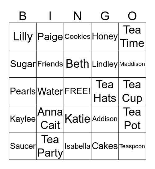 ISABELLA'S TEA PARTY BINGO Card