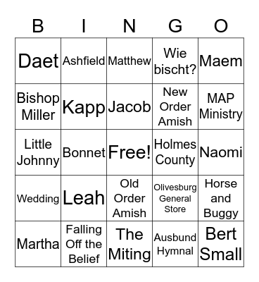 Dee's Amish Fiction Bingo Card