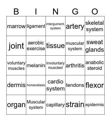 Unit 2:  Human Body Systems Bingo Card