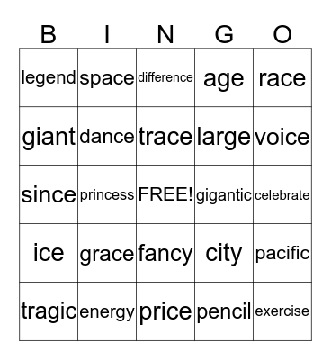 Soft G and C Bingo Card