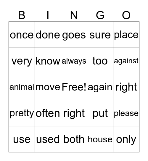 Trick Word Bingo Card